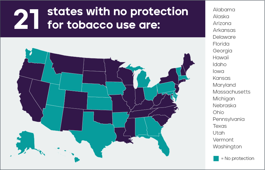 Map of the U.S. that illustrates the 21 states with no protection for tobacco use in the workplace