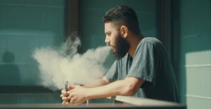 Man vaping in a dark hallway while contemplating joining his company’s vaping cessation programs